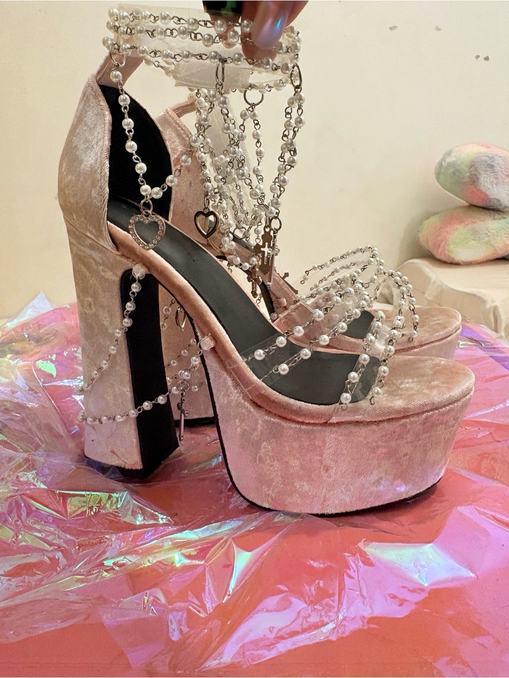 Dolls Kill Pink Velvet Platform Sandals with Pearl Chain Accents